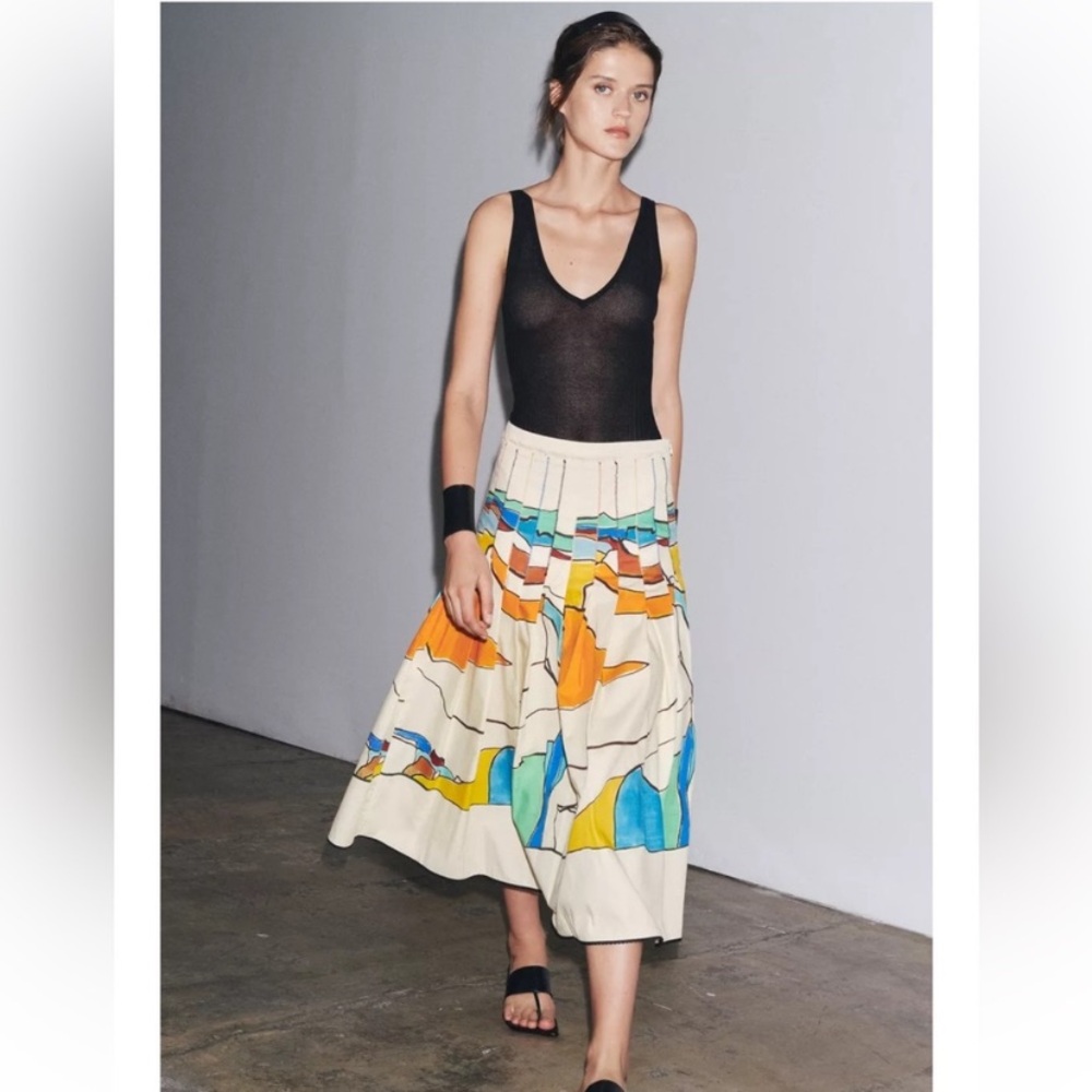 ZARA Printed Pleated Midi Skirt Colorful Abstract Painting Medium, NWOT - Picture 4 of 12